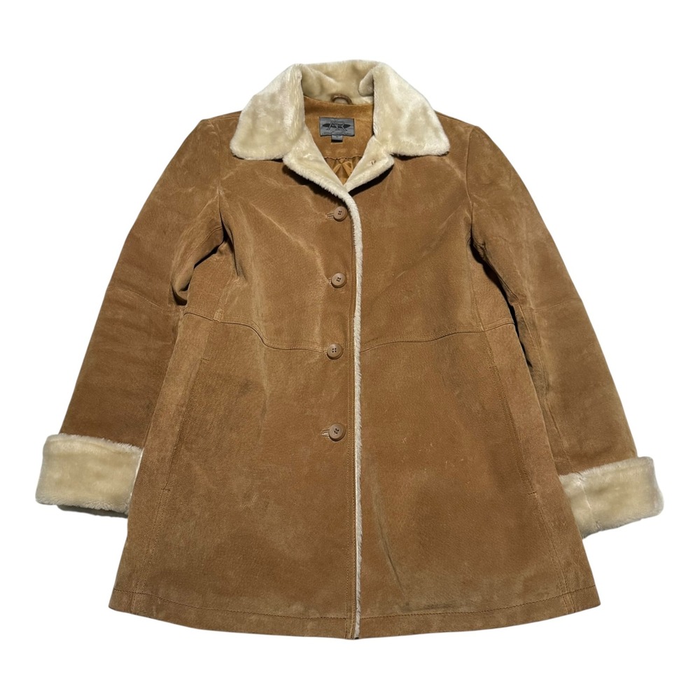 A Bernado Sherpa Collar/Cuff Button Up Suede Leather Jacket Women's Small FLAW